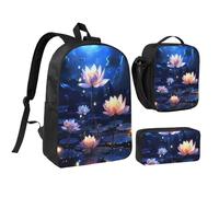 Lot de 3 sacs à dos avec boîte à déjeuner isotherme, sac à crayons léger pour ordinateur portable 43,2 cm, sac à déjeuner à bandoulière et trousse à crayons Motif fleurs de nuit