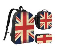 Lot de 3 sacs à dos avec boîte à déjeuner isotherme, sac à crayons léger pour ordinateur portable 43,2 cm, sac à déjeuner à bandoulière et trousse à crayons Motif drapeau du Royaume-Uni