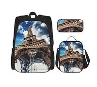 Lot de 3 sacs à dos avec motif oiseaux dessinés à la main, sac à bandoulière réglable avec trousse à déjeuner, Skyline de Paris, Taille unique, Sacs à dos de jour