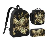 Lot de 3 sacs à dos avec sac à déjeuner isotherme et trousse à crayons pour ordinateur portable de 43,2 cm - Sac à déjeuner à bandoulière léger et trousse à crayons - Motif signe du dollar