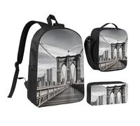 Lot de 3 sacs à dos Brooklyn Bridge avec boîte à déjeuner isotherme, pochette à crayons, sacs légers pour ordinateur portable 43,2 cm, sac à déjeuner à bandoulière et trousse à crayons