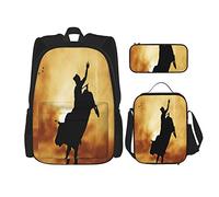 Lot de 3 sacs à dos Bull Rider Silhouette au coucher du soleil ciel dramatique campagne rurale paysage rodéo livre sac voyage travail école sac étui à crayons sac à déjeuner combinaison pour hommes