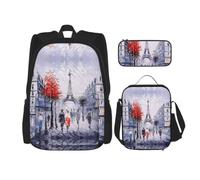 Lot de 3 sacs à dos d'école, motif Tour Eiffel de la ville de Paris, grande capacité, résistant à l'eau, sac à déjeuner isotherme et trousse à crayons pour les adolescents du collège