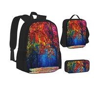 Lot de 3 sacs à dos d'école, trousse à crayons, sac à déjeuner, sac à dos bleu foncé, motif baleine pour filles et garçons, Arbres colorés abstraits, School bag + pencil case + lunch bag combination