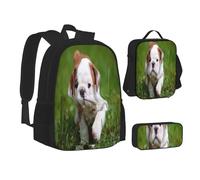 Lot de 3 sacs à dos d'école, trousse à crayons, sac à déjeuner, sac à dos pour filles et garçons, Bulldog anglais, School bag + pencil case + lunch bag combination