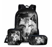 Lot de 3 sacs à dos d'écolier pour garçon - Motif loup gris - Sac à bandoulière pour enfant - Sac à dos pour adolescent - Trousse à crayons - Paniers repas, S12., 36x30x13cm