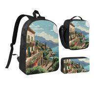 Lot de 3 sacs à dos d'été méditerranéens avec boîte à déjeuner isotherme, sac à crayons léger de 43,2 cm pour ordinateur portable, sac à déjeuner à bandoulière et trousse à crayons