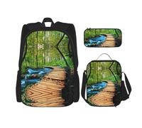 Lot de 3 sacs à dos en bois avec pont en bois et boîte à déjeuner pour enfant primaire 40,6 cm, Noir , Taille unique, Ensemble cartable