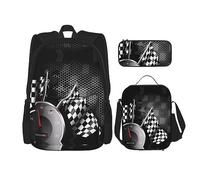 Lot de 3 sacs à dos légers et imperméables avec sac à déjeuner et trousse à crayons pour le bureau, l'école, Drapeau de course à carreaux, Taille unique