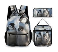 Lot de 3 sacs à dos multifonction de grande capacité, motif pingouin, parents et poussins, pour ordinateur portable, sac à déjeuner, trousse à crayons, sac à dos tendance et sac à stylos 3 en 1,