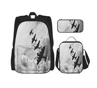 Lot de 3 sacs à dos Noir Blanc Image rétro des bombardiers Lancaster de la bataille d'Angleterre Cartable Voyage Camping Travail Sac d'école Trousse à crayons Sac à déjeuner Combinaison pour homme f
