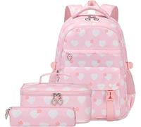 Lot de 3 sacs à dos pour filles avec sac à déjeuner et trousse à stylos, sac à dos d'école, grande capacité, respirant, léger, pour les classes 1 à 6, les voyages et la randonnée, rose, M, Mignon