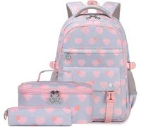 Lot de 3 sacs à dos pour filles avec sac à déjeuner et trousse à stylos, sac à dos d'école, grande capacité, respirant, léger, pour les classes 1 à 6, les voyages et la randonnée, gris, M, Mignon