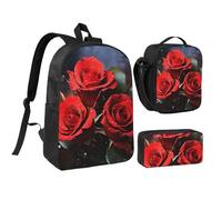 Lot de 3 sacs à dos romantiques rouges avec trousse à crayons isotherme, sac à déjeuner léger pour ordinateur portable 43,2 cm, sac à déjeuner à bandoulière et trousse à crayons