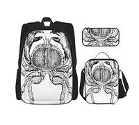 Lot de 3 sacs à dos sur le thème des fruits de mer Illustration vintage gravée d'un crabe comestible imprimé livre sac voyage camping travail sac d'école trousse à crayons sac à déjeuner combinaison