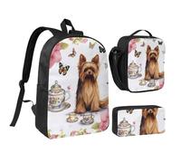 Lot de 3 sacs à dos Yorkshire Terrier avec pochette isotherme pour ordinateur portable 43,2 cm, sac à déjeuner à bandoulière et trousse à crayons