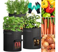 Lot de 3 Sacs à Plantes, 40L Sac de Plantation Geotextile Non Tissé, Sac de Plantation de Pomme de Terre, Sac de Culture avec la Fenêtre et la Poignée, Sac de Culture Pot de Fleur Sac de Jardin