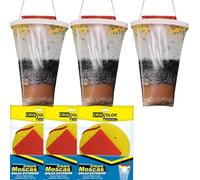 Lot de 3 sacs attrape-mouches jetables pour l'extérieur - avec appât attrayant, couvercle et poignée pour accrocher - Piège écologique pour mouches et autres insectes volants