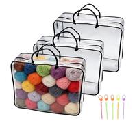 Lot de 3 Sacs de Rangement Transparents pour Laine, Sac de Rangement Pour Fil avec Clip Marqueur et Aiguille à Coudre, Sac Crochet avec Fermeture Éclair et Poignée, Range Crochet Tricot, Noir