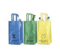 Lot de 3 sacs de recyclage des déchets, reliés par cintas, pack avec sac de recyclage bleu, vert et jaune pour recycler plastique, verre, papier et carton, durables, 23 l, avec poignées, tricolore