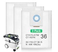 Lot de 3 sacs filtrants 496186 pour extracteur de poussière Festool CT 36/CTM 36 E/CTL 36 E CLEANTEC Series, sacs à poussière pour Festool SC FIS-CT 36/5, jetables et grande capacité