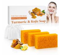 Lot de 3 Savon Curcuma Visage et Corps avec 3 Filets Moussants - Kojic Acid Soap - Savon à l'Acide Kojique Éclaircissant Anti-Taches Brunes, Acné, Hyperpigmentation - Teint Uniforme et Éclatant
