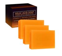 Lot de 3 savons à l'acide kojique pour le visage et le corps - Vitamine C - Hyperpigmentation - Savon hydratant au curcuma contre l'acné - Taches noires et points noirs - Avec sac de savon en maille