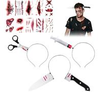 Lot de 3 serre-têtes d'Halloween + 10 tatouages temporaires - Seringue dans la tête - Serre-tête - Ciseaux sanglants - Couteau dans la tête - Accessoires effrayants d'Halloween - Décorations