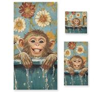 Lot de 3 serviettes de bain décoratives chic avec singe rhésus macaque, 1 serviette de bain, 1 essuie-mains, 1 gant de toilette pour yoga, salle de bain, cuisine