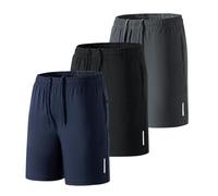 Lot de 3 shorts de sport pour homme à séchage rapide avec poches, bandes réfléchissantes de sécurité, short de course respirant avec cordon de serrage et taille élastique, Noir , XL