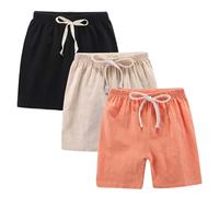 Lot de 3 shorts en coton et lin pour enfants - Short de sport avec cordon de serrage - Taille élastique - Pantalon de plage