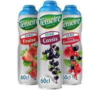 Lot de 3 sirops Teisseire Zéro Sucres (Cassis, Fraise, Grenadine) pour Boisson Rafraîchissante, Cocktails, Bidon Recyclable 3x60cl