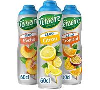 Lot de 3 sirops Teisseire Zéro Sucres (Citron, Pêche, Tropical) pour Boisson Rafraîchissante, Cocktails, Bidon Recyclable 3x60cl