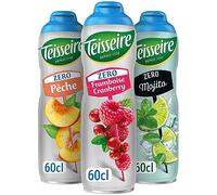 Lot de 3 sirops Teisseire Zéro Sucres (Framboise-Cranberry, Mojito, Pêche) pour Boisson Rafraîchissante, Cocktails, Bidon Recyclable 3x60cl