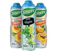 Lot de 3 sirops Teisseire Zéro Sucres (Mojito, Pêche, Tropical) pour Boisson Rafraîchissante, Cocktails, Bidon Recyclable 3x60cl