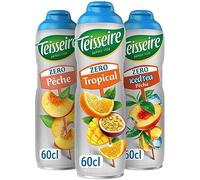 Lot de 3 sirops Teisseire Zéro Sucres (Tropical, Pêche, Iced Tea Pêche) pour Boisson Rafraîchissante, Cocktails, Bidon Recyclable 3x60cl