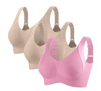 Lot de 3 soutiens-gorge de sport pour femme - Soutien-gorge de compression côtelé réglable sans fil - Soutien-gorge uni à quatre boutonnages réglables pour femme, rose, S