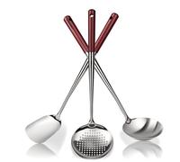 Lot de 3 spatules pour wok en acier inoxydable 304 avec manche en bois - Couverts professionnels avec spatule wok, louche et écumoire - Ustensiles de cuisine asiatiques longs et résistants à la