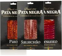 Lot de 3 spécialités de porc noir ibérique Pata Negra en tranches de 80 g chacune - chorizo, jambon et salchichón - sélection de charcuterie gastronomique emballée sous vide
