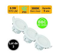 Lot de 3 spots LED encastrable BBC (RT2012/RE2020) IP65 - spécial salle de bain - 6.5W 570 LM 3000K - garantie 5 ans
