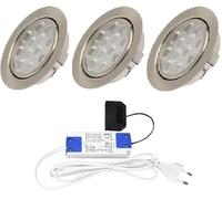Lot de 3 spots LED encastrables en acier inoxydable brossé 15 mm plat 3 W blanc chaud 3200 K 200 lm 12 V avec transformateur LED 15 W 230 V et câble 1,8 m pour salon, cuisine et salle de bain