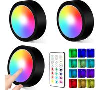 Lot de 3 spots LED RVB à piles avec télécommande - Éclairage d'armoire LED RVB sans fil - Éclairage d'armoire - Éclairage d'étagère - Éclairage de vitrine pour chambre à coucher, penderie, armoire,