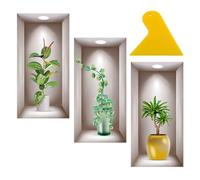 Lot de 3 stickers muraux de salon avec 1 grattoir, autocollants muraux tridimensionnels de plantes en pot, autocollants de décoration murale, peinture murale de vase de plantes