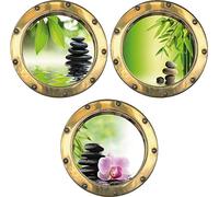Lot de 3 Stickers Trompe l'oeil hublot Zen Galets Bambous 20x20 cm - 2051