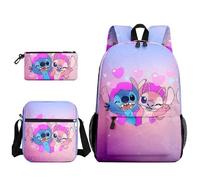 Lot de 3 Stitch Ensemble Cartable pour filles -Sac à dos mode dessin animé avec trousse à crayons Stitch et Sacs à bandoulière