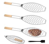 Lot de 3 supports de barbecue avec manche en bois - 63 x 12 cm - Grand rôtissoire à poisson avec poignée en métal - Support de poisson - Spatule à poisson - Pince à poisson pour barbecue et barbecue