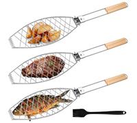 Lot de 3 supports de barbecue avec poignée en bois - 63 x 12 cm - Grand rôtissoire à poisson avec poignée en métal - Pince à poisson pour barbecue et barbecue