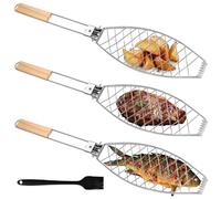 Lot de 3 supports de barbecue avec poignée en bois - 63 x 12 cm - Grand rôtissoire à poisson avec poignée en métal - Pour barbecue et barbecue
