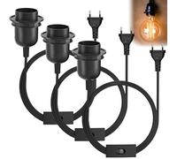 Lot de 3 supports de lampe E27 avec interrupteur et prise, câble 3,5 m - Douille noire pour cuisine, salon et chambre d'enfant