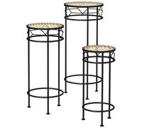 Lot De 3 Supports Pot De Fleurs Plateaux Aspect Rotin Métal Doré Noir